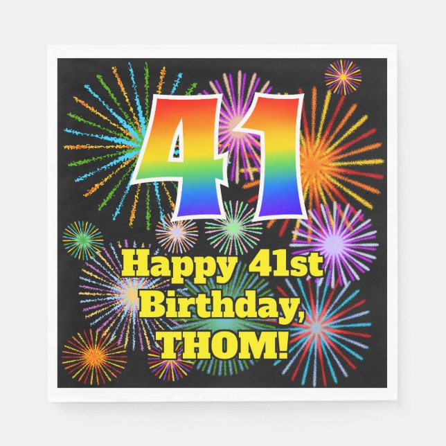 41st Birthday: Fun Fireworks Pattern + Rainbow 41 Napkin (Front)