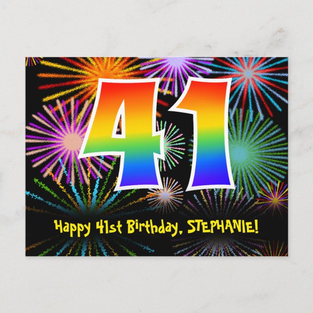 41st Birthday – Fun Fireworks Pattern + Rainbow 41 Postcard (Front)