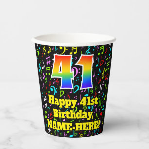 41st Birthday: Fun Music Notes Pattern, Rainbow 41 Paper Cups