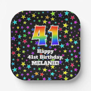 41st Birthday: Fun Stars Pattern and Rainbow “41” Paper Plate