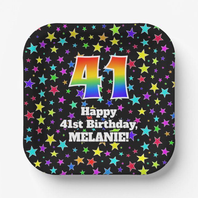 41st Birthday: Fun Stars Pattern and Rainbow “41” Paper Plate (Front)