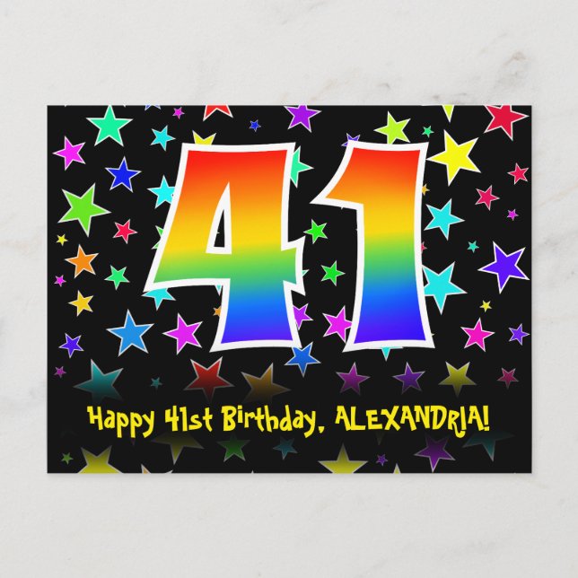 41st Birthday: Fun Stars Pattern, Rainbow 41, Name Postcard (Front)