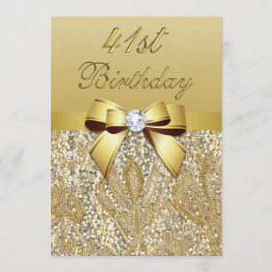 41st Birthday Gold Faux Sequins and Bow Invitation
