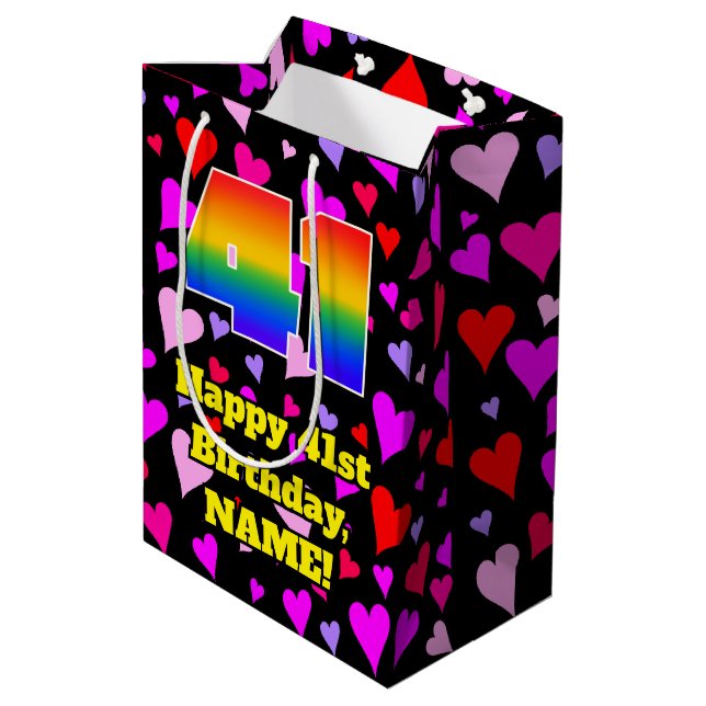41st Birthday: Loving Hearts Pattern, Rainbow # 41 Medium Gift Bag (Back Angled)
