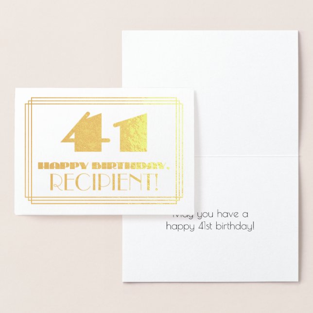 41st Birthday; Name + Art Deco Inspired Look "41" Foil Card (Display)