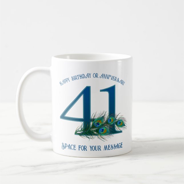 41st Birthday Or Anniversary Peacock Feather Coffee Mug (Left)