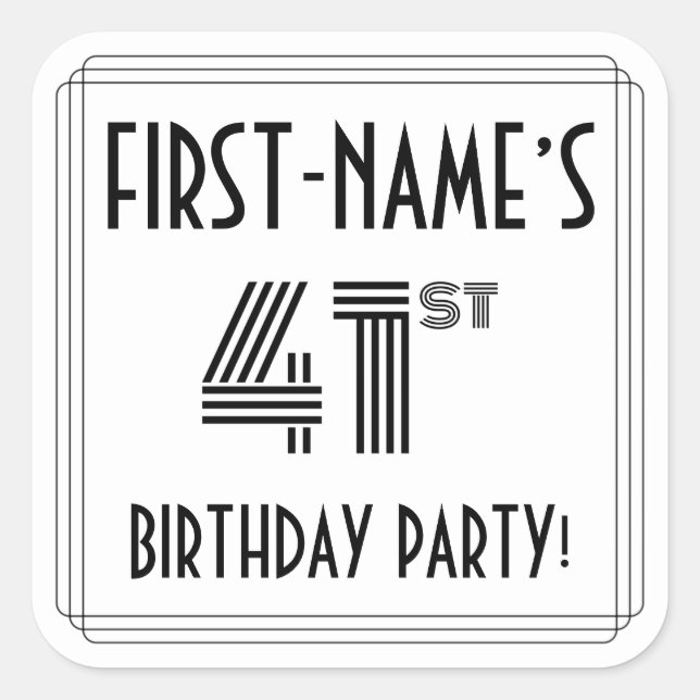 41st Birthday Party: Art Deco Style + Custom Name Square Sticker (Front)