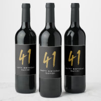 41st birthday party black gold favour wine label