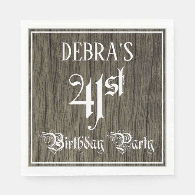 41st Birthday Party — Fancy Script, Faux Wood Look Napkin (Front)