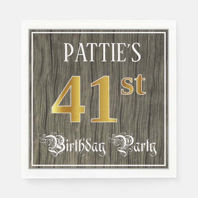 41st Birthday Party — Faux Gold & Faux Wood Looks Napkin (Front)