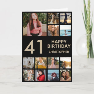41st Birthday Photo Collage 13 Photos Black & Gold Card