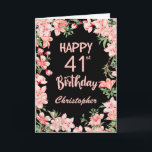 41st Birthday Pink Peach Watercolor Floral Black Card<br><div class="desc">41st Birthday Pink Peach Watercolor Floral Black Birthday Card. For further customisation,  please click the "Customise it" button and use our design tool to modify this template.</div>