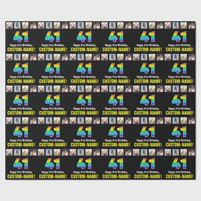 41st Birthday: Rainbow “41“; Custom Photos & Name Wrapping Paper (Seam)
