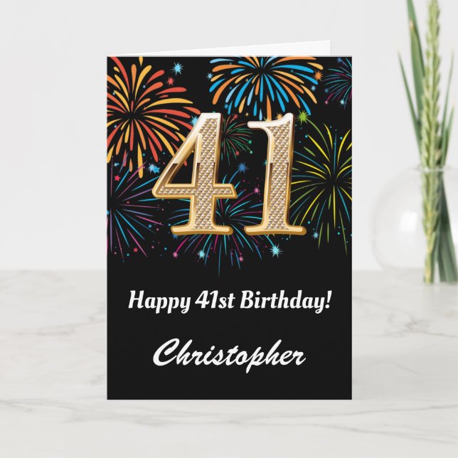 41st Birthday Rainbow Fireworks Black and Gold Card (Front)
