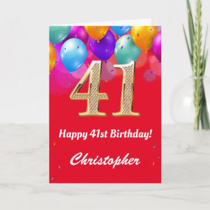 41st Birthday Red and Gold Colourful Balloons Card