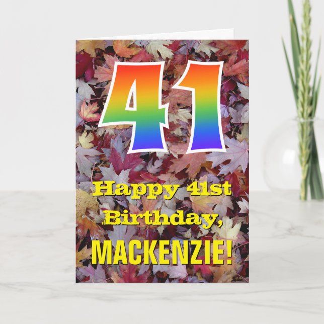 41st Birthday; Rustic Autumn Leaves; Rainbow "41" Card (Front)