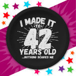 42 Year Old Sarcastic Meme Funny 42nd Birthday Paper Plate<br><div class="desc">This funny 42nd birthday design makes a great sarcastic humour joke or novelty gag gift for a 42 year old birthday theme or surprise 42nd birthday party! Features 'I Made it to 42 Years Old... Nothing Scares Me' funny 42nd birthday meme that will get lots of laughs from family, friends,...</div>