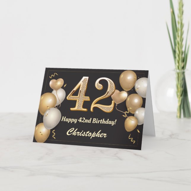 42nd Birthday Black and Gold Balloons Birthday Card (Front)