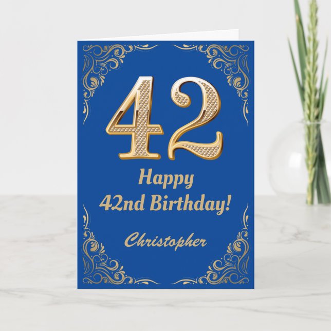 42nd Birthday Blue and Gold Glitter Frame Card (Front)