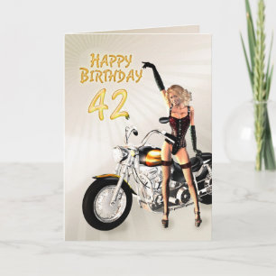 42nd Birthday card with a motorbike girl