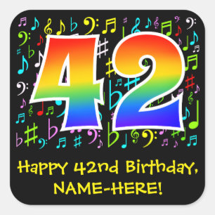 42nd Birthday: Colorful Music Symbols, Rainbow 42 Square Sticker