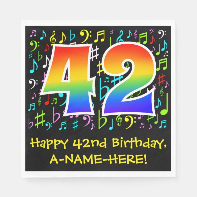 42nd Birthday - Colourful Music Symbols, Rainbow 4 Napkin (Front)