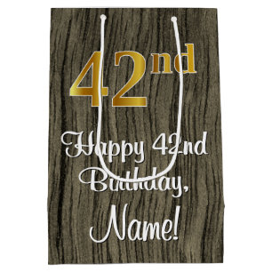 42nd Birthday: Elegant Faux Gold Look #, Faux Wood Medium Gift Bag