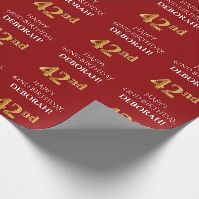 42nd Birthday: Elegant, Red, Faux Gold Look Wrapping Paper (Corner)