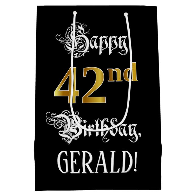 42nd Birthday ~ Fancy Script; Faux Gold Look; Name Medium Gift Bag (Back)