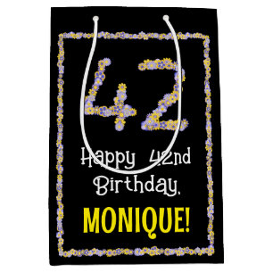 42nd Birthday: Floral Flowers Number, Custom Name Medium Gift Bag