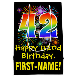42nd Birthday: Fun Fireworks Pattern + Rainbow 42 Medium Gift Bag