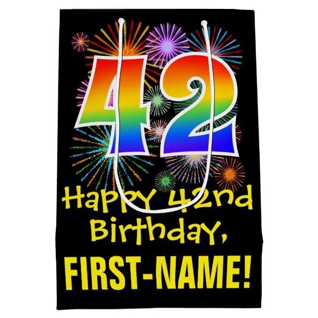 42nd Birthday: Fun Fireworks Pattern + Rainbow 42 Medium Gift Bag (Back)