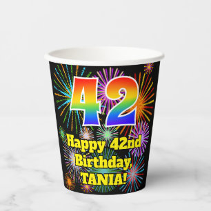 42nd Birthday: Fun Fireworks Pattern + Rainbow 42 Paper Cups