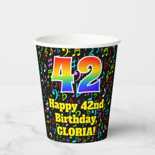 42nd Birthday: Fun Music Notes Pattern, Rainbow 42 Paper Cups