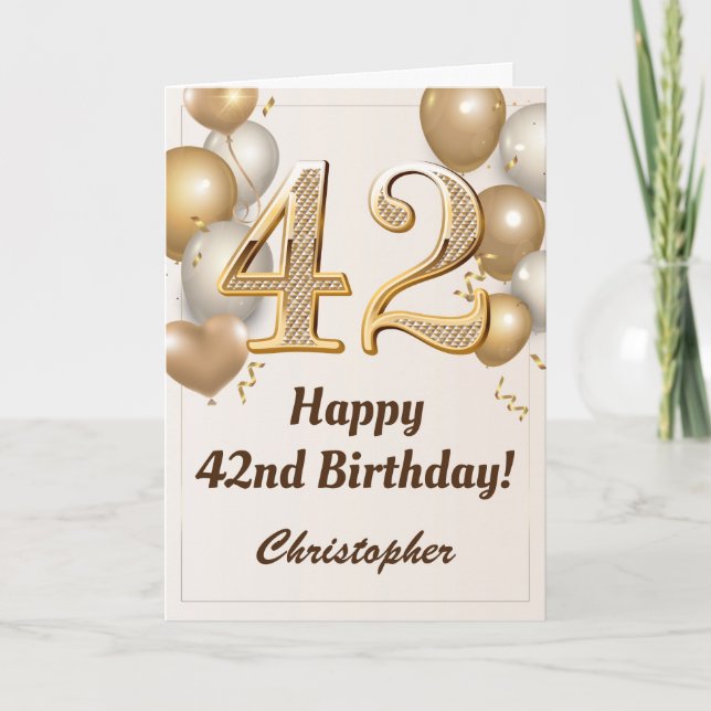 42nd Birthday Gold Balloons and Confetti Birthday Card (Front)
