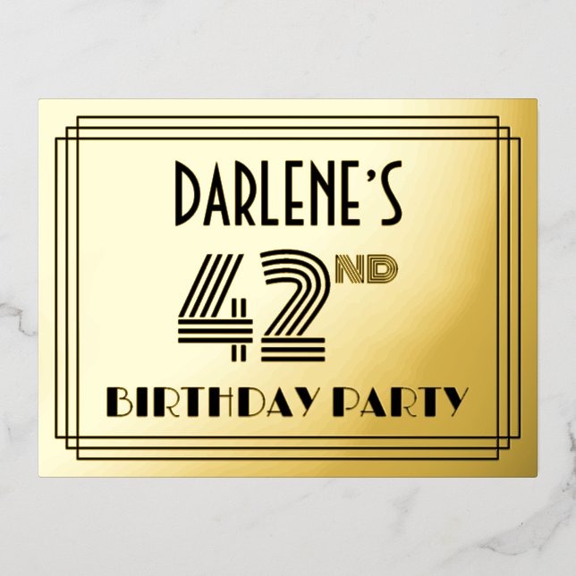 42nd Birthday Party ~ Art Deco Style “42” + Name F Foil Invitation Postcard (Front)