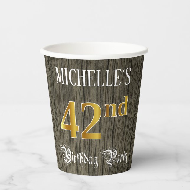 42nd Birthday Party — Faux Gold & Faux Wood Looks Paper Cups (Front)
