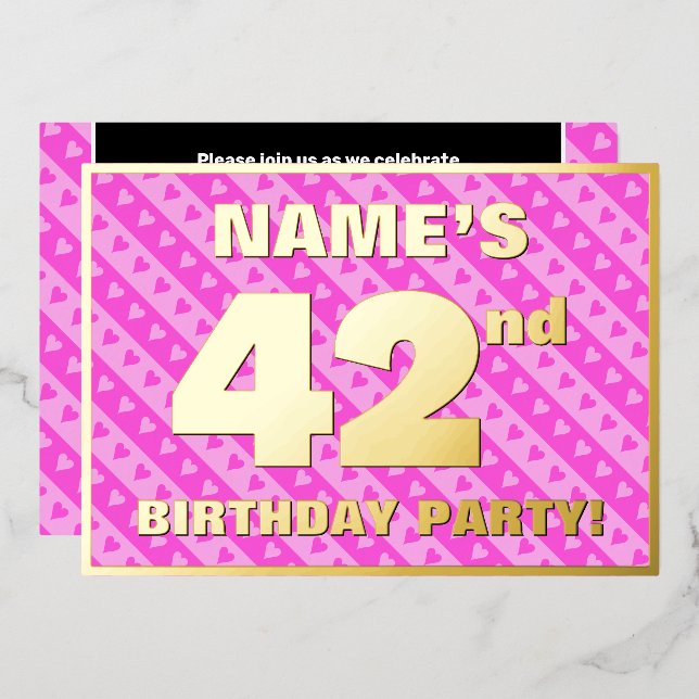 42nd Birthday Party — Fun Pink Hearts and Stripes (Front/Back)