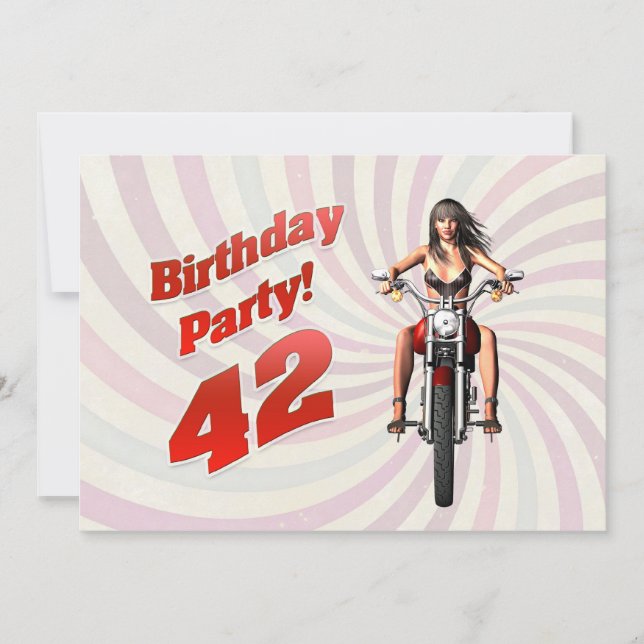 42nd birthday party with a girl on a motorbike invitation (Front)