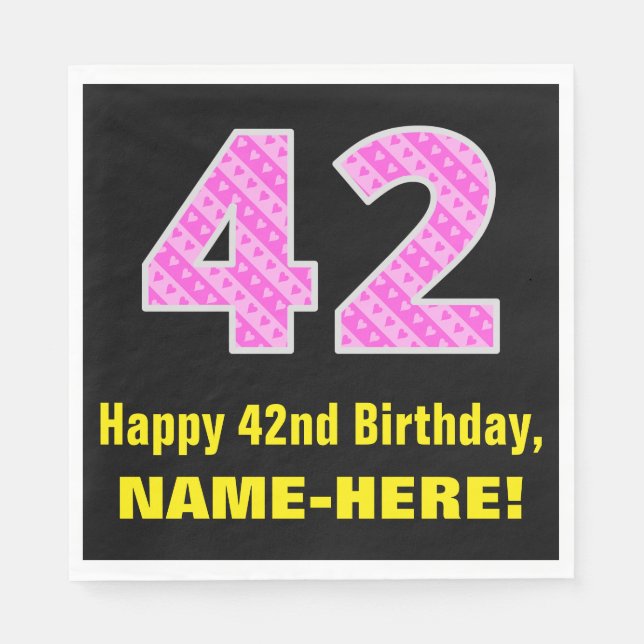 42nd Birthday: Pink Stripes and Hearts "42" + Name Napkin (Front)