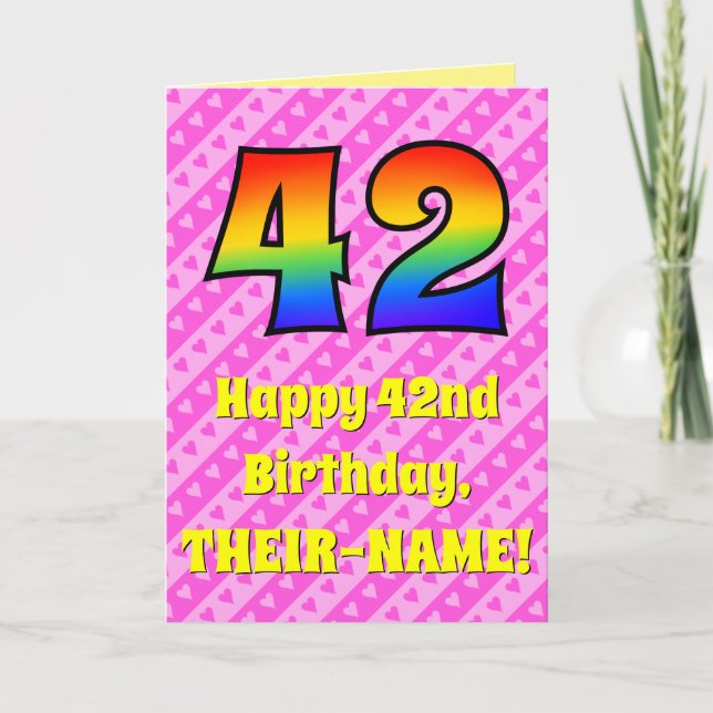 42nd Birthday: Pink Stripes & Hearts, Rainbow # 42 Card (Front)