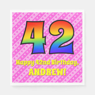 42nd Birthday: Pink Stripes & Hearts, Rainbow # 42 Napkin