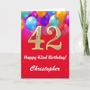 42nd Birthday Red and Gold Colourful Balloons Card