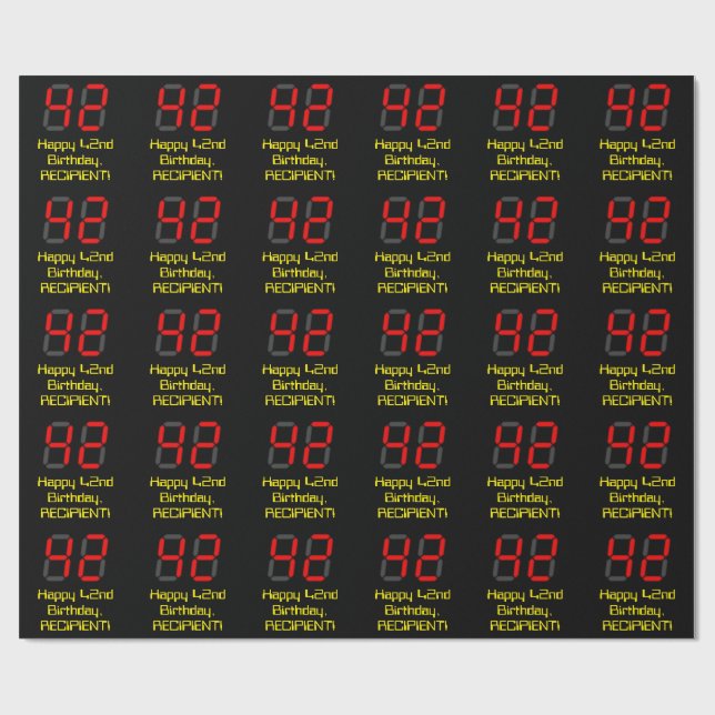 42nd Birthday: Red Digital Clock Style "42" + Name Wrapping Paper (Flat)