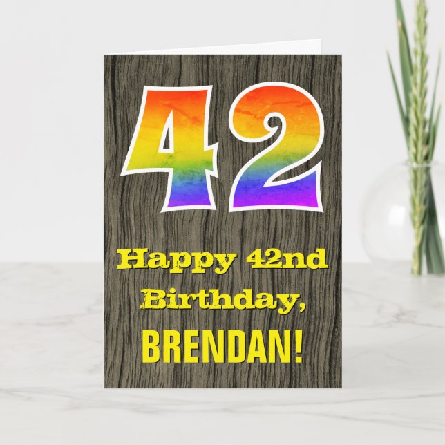 42nd Birthday: Rustic Faux Wood Look, Rainbow "42" Card (Front)