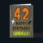 42nd Birthday: Spooky Halloween Theme, Custom Name Card<br><div class="desc">The front of this scary and spooky Hallowe'en birthday themed greeting card design features a large number "42" and the message "HAPPY BIRTHDAY, ", plus a personalized name. There are also depictions of a bat and a ghost on the front. The inside features a customized birthday greeting message, or could...</div>