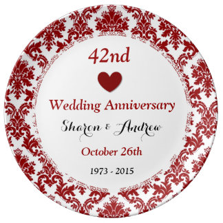 42nd Wedding Anniversary Ruby Red Damask A42A Porcelain Plates