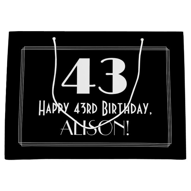43rd Birthday: Art Deco Inspired Style "43", Name Large Gift Bag (Front)