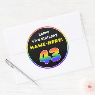 43rd Birthday: Colorful Rainbow # 43, Custom Name Classic Round Sticker