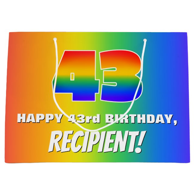 43rd Birthday: Colourful, Fun Rainbow Pattern # 43 Large Gift Bag (Front)